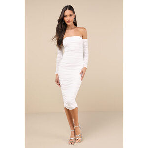 Lulus Desirable Date Ivory Mesh Ruched Off-the-shoulder Midi Dress White